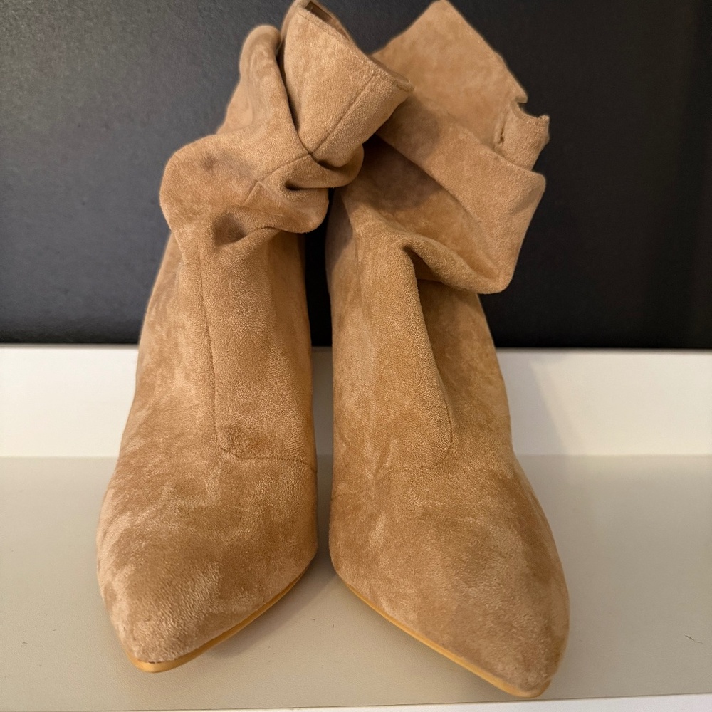 Tan Slouchy Pointed-Toe Heeled Boots